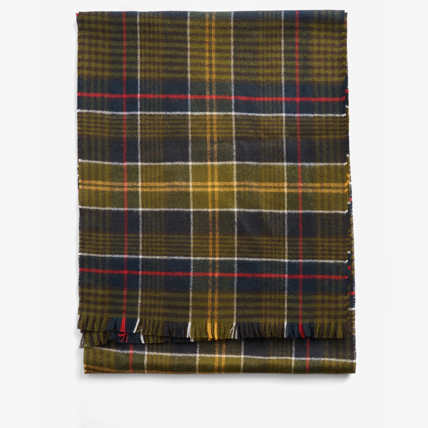 Barbour BROCKSTONE Scarf Unisex Adults Classic front view showing soft wool blend in a green and navy plaid design.