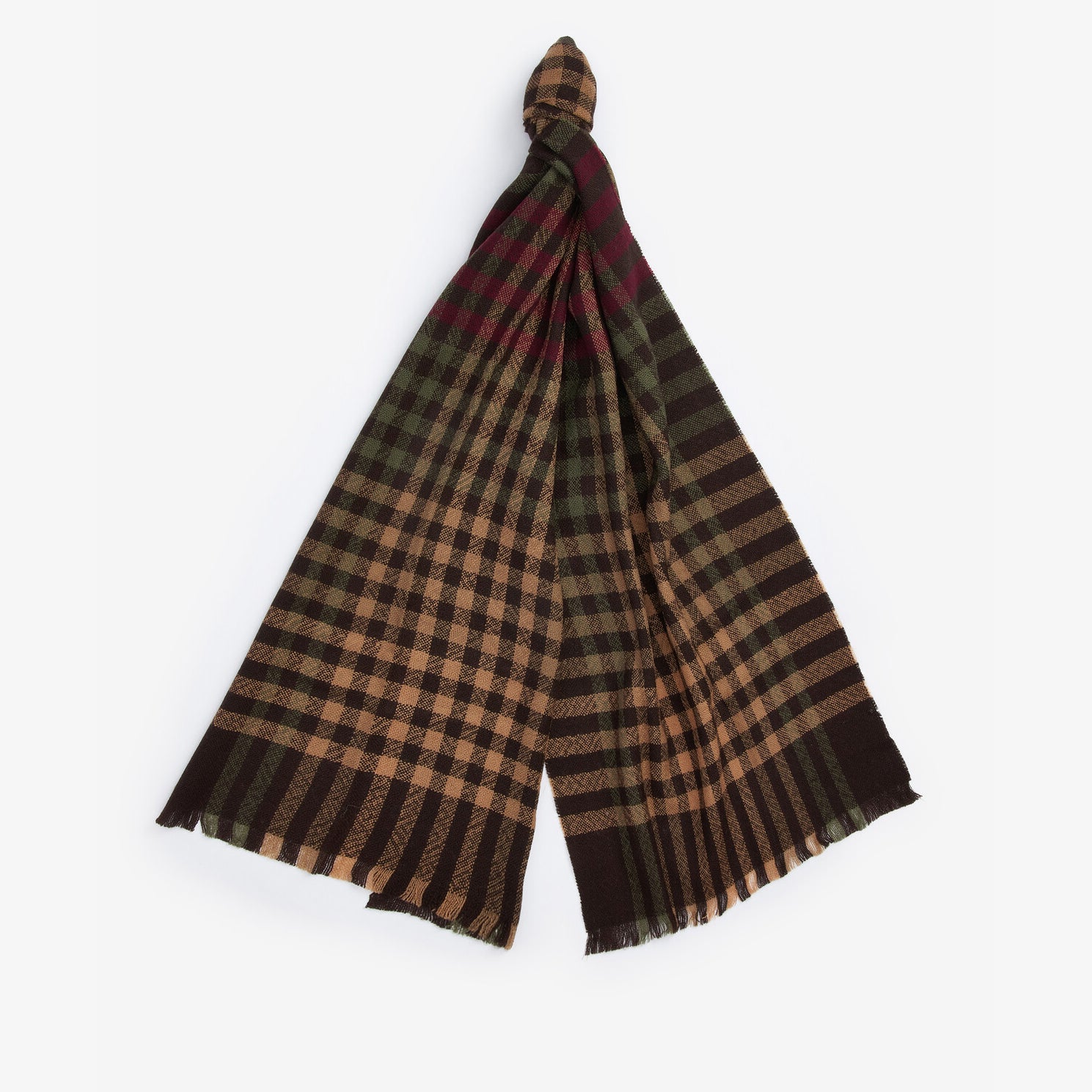 Barbour ASHTON Scarf Unisex Adults Army Green/Port, front view showcasing its gingham design and wool texture.