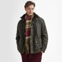 Barbour FIELD REVERSIBLE Scarf Unisex Adults Army Green styled with a jacket, showcasing its comfort and wool material.