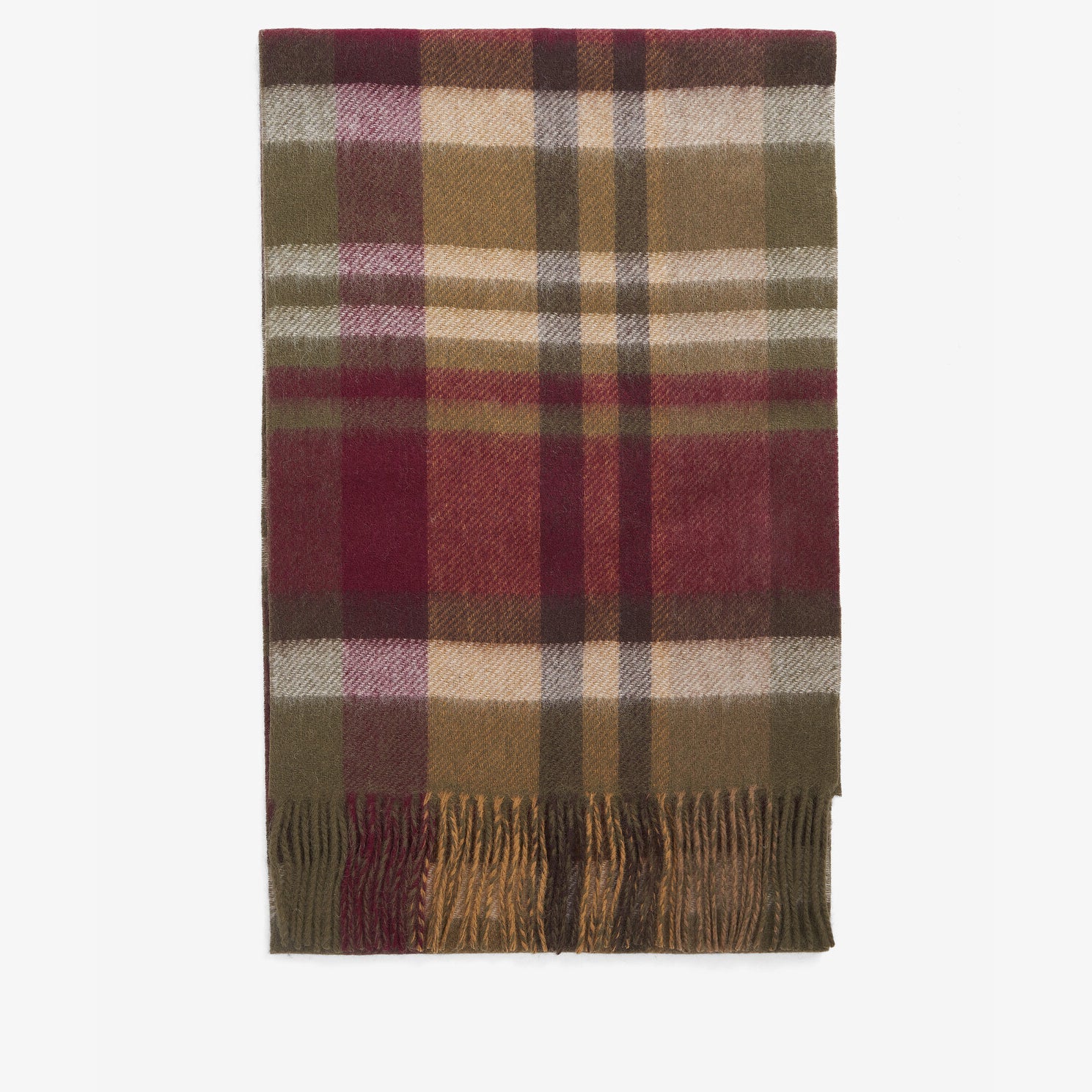 Barbour FIELD REVERSIBLE Scarf Unisex Adults Army Green front view showcasing check design and fringing details.