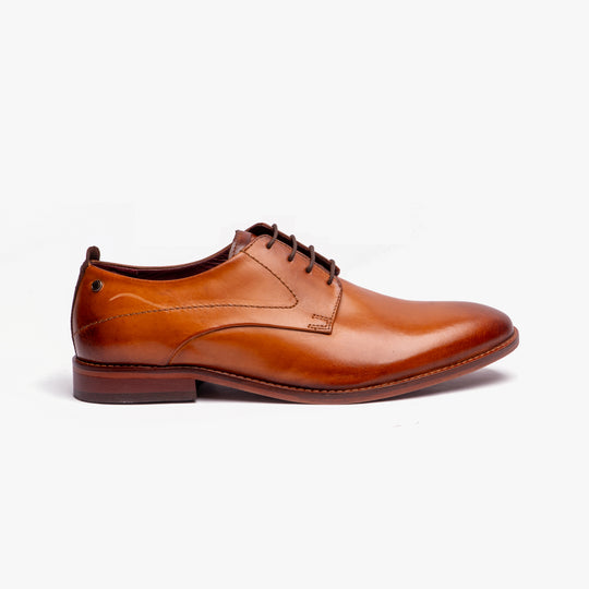 Base London SCRIPT Mens Leather Derby Shoes Tan side view showing smooth leather upper and lace-up closure.