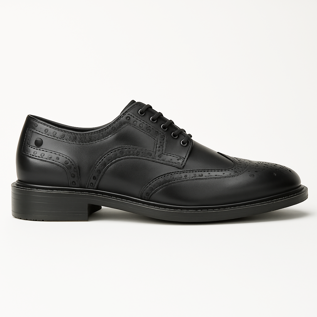 Base London BRYCE Mens Leather Brogue Shoes Black side view showcasing leather upper and lace-up design.