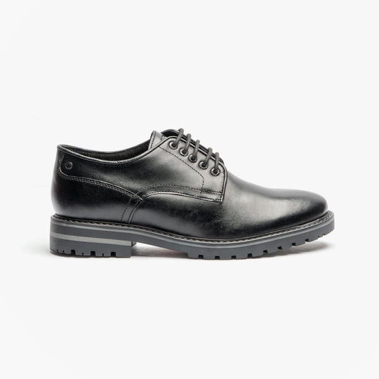Base London HALSEY WAXY Mens Formal Lace Up Shoes Black side view showing sleek leather design and lace-up detail.