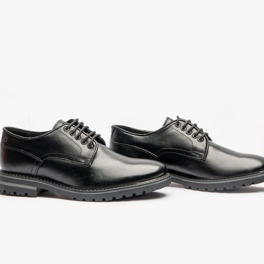 Base London HALSEY WAXY Mens Formal Lace Up Shoes Black side view, showcasing sleek leather upper and lace-up design.