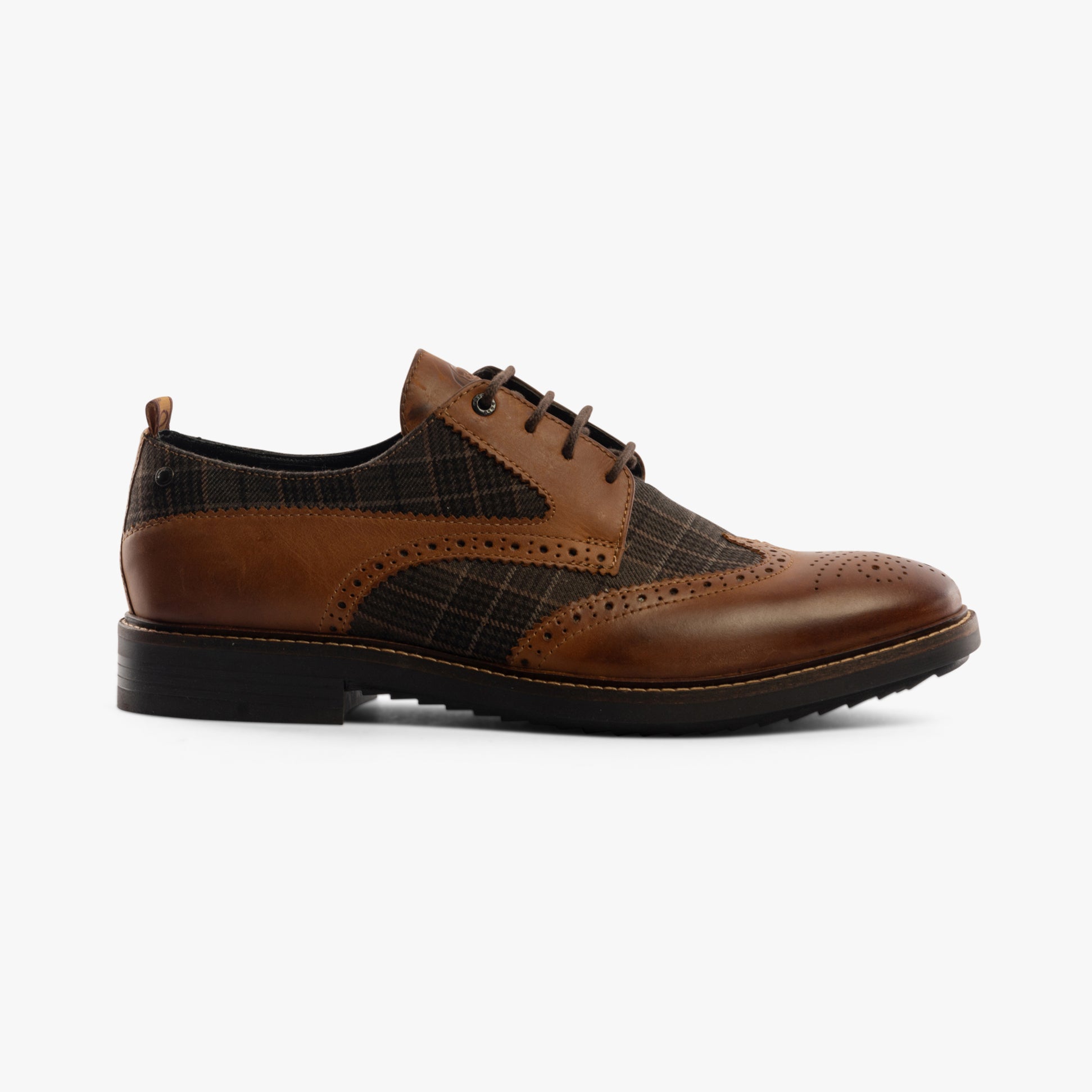 Base London NASHVILLE Mens Shoes Tan/Check side view showing leather upper and plaid detailing.