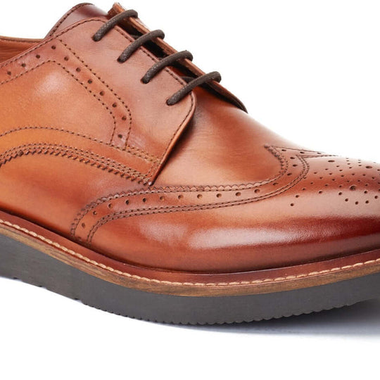 Base London JOE Mens Shoes Tan side view showcasing leather upper, lace-up closure, and rubber sole.