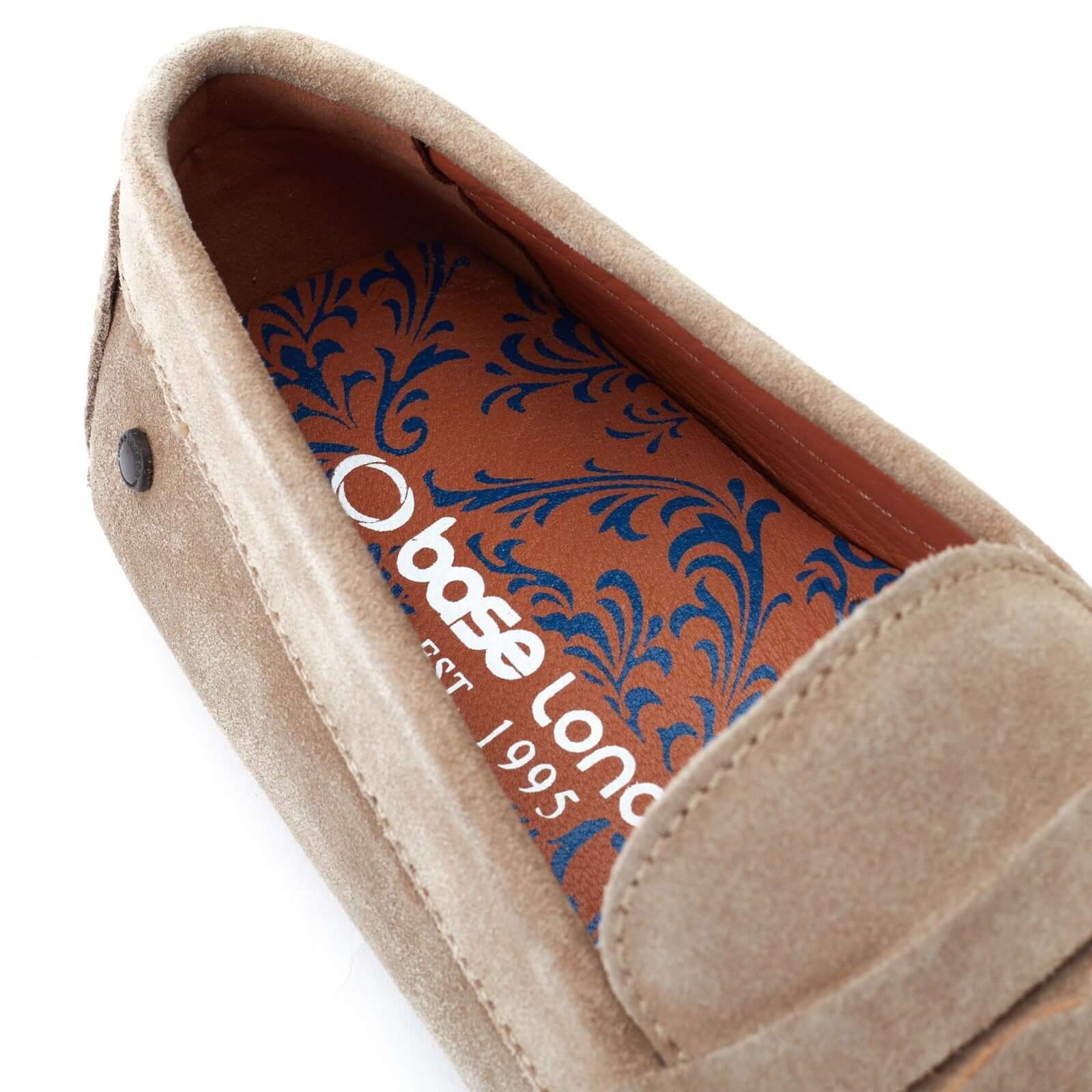 Base London COLLINS Mens Shoes Camel detail view showing the suede upper and decorative insole design.