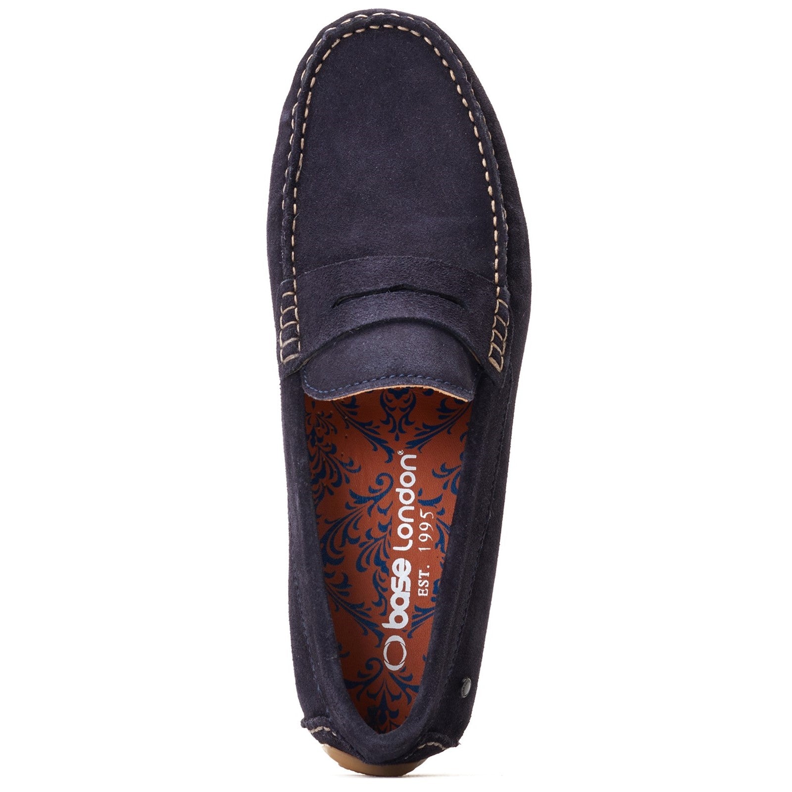 Base London COLLINS Mens Shoes Navy top view showing suede upper and slip-on loafer style.