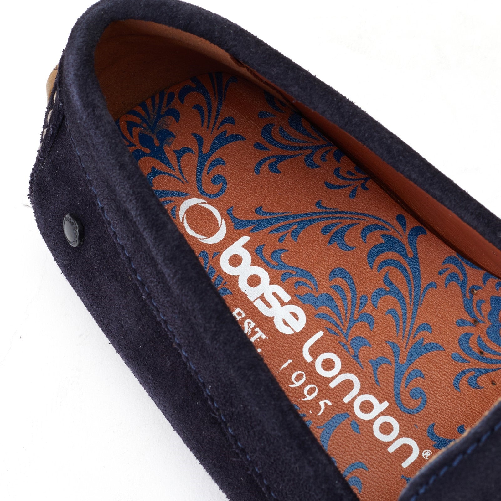 Base London COLLINS Mens Shoes Navy interior view showcasing shoe lining design and logo.