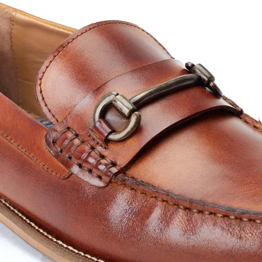 Base London MADISON Mens Shoes Brown detail view of leather loafer with decorative buckle.