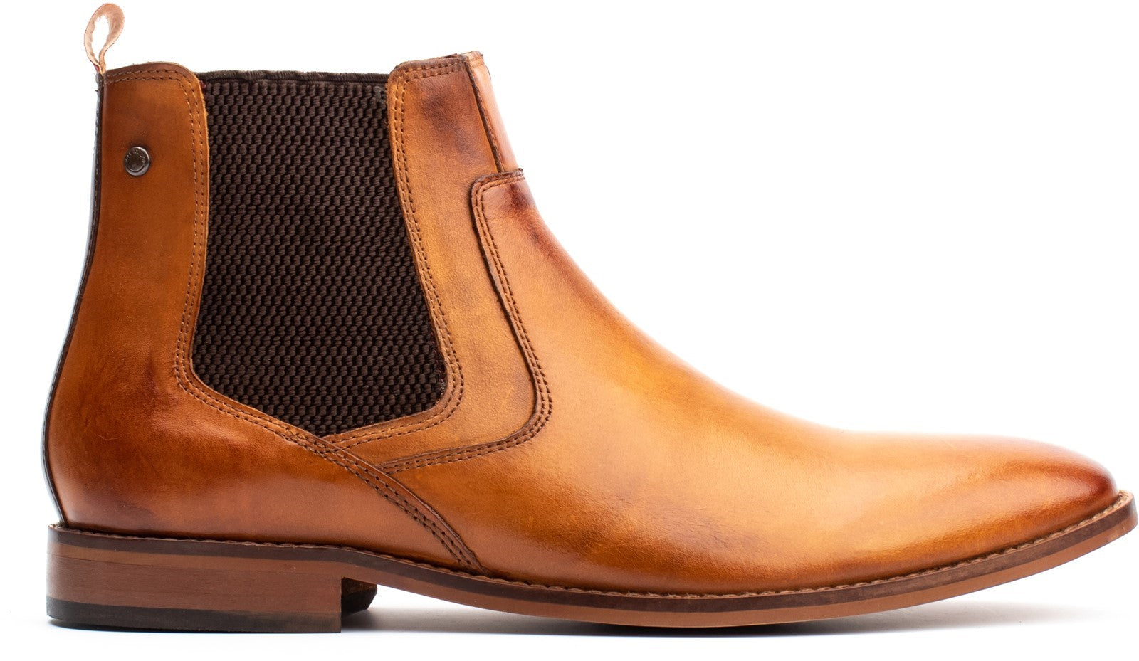 Base London SCOUT Mens Boots Tan side view featuring leather upper, elasticated side panel, and almond toe shape.