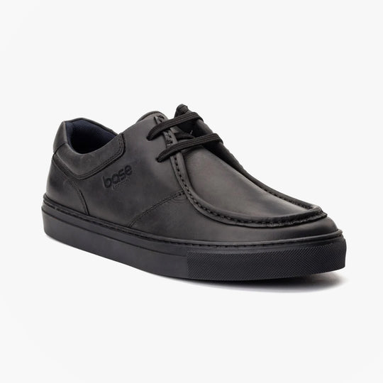 Base London DALSTON Mens Shoes Black side view leather lace-up moccasins with round toe and low top design