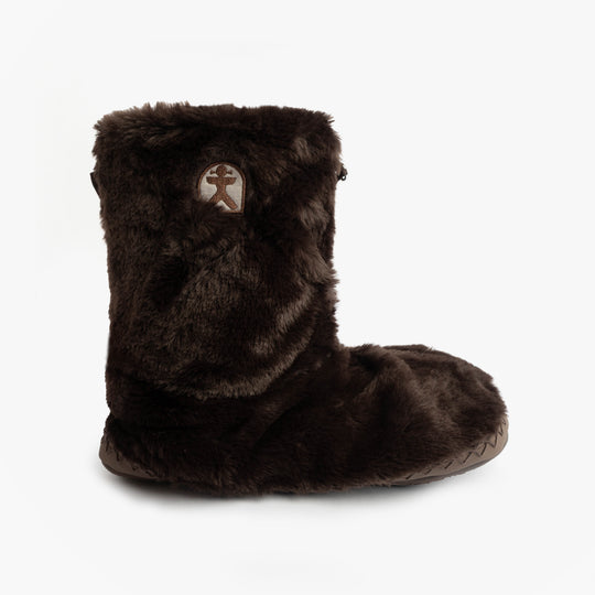 Bedroom Athletics MARILYN Womens Slipper Boots Dark Chocolate side view showcasing plush faux fur material.