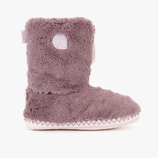 Bedroom Athletics MONROE Womens Faux Fur Boots Aquarelle/Dusky Pink side view showing soft faux fur upper and flat sole.