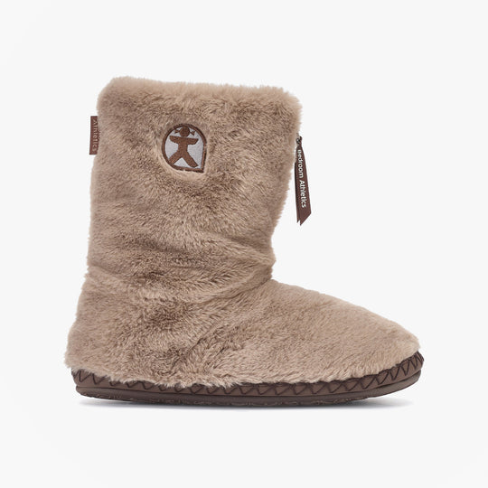 Bedroom Athletics MONROE Womens Slipper Boots Taupe / Deep Taupe side view with faux fur upper and rubber sole.