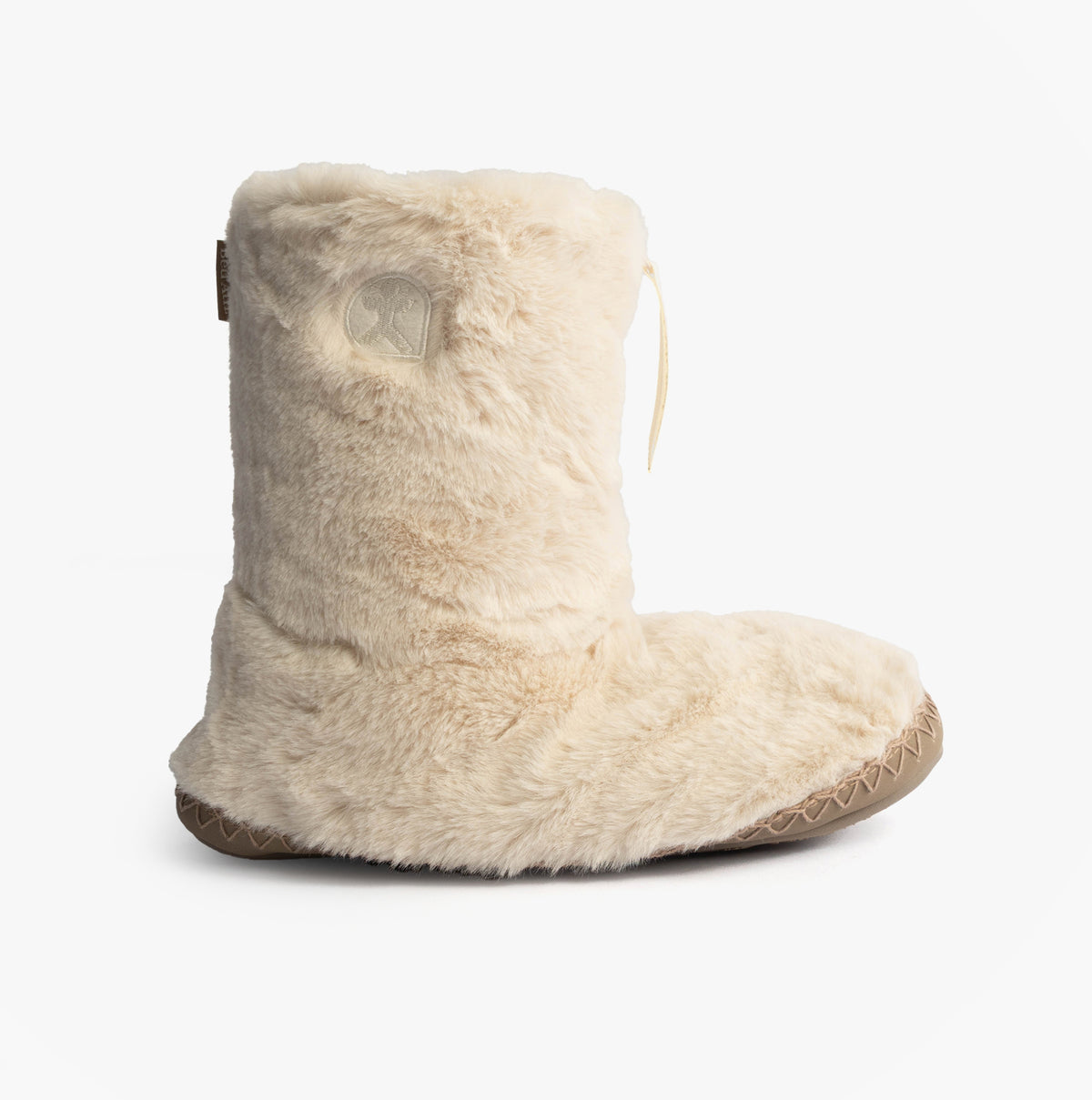 Bedroom Athletics MONROE Womens Faux Fur Boot Slippers Cream/Moonrock side view showing soft textile and zip closure.