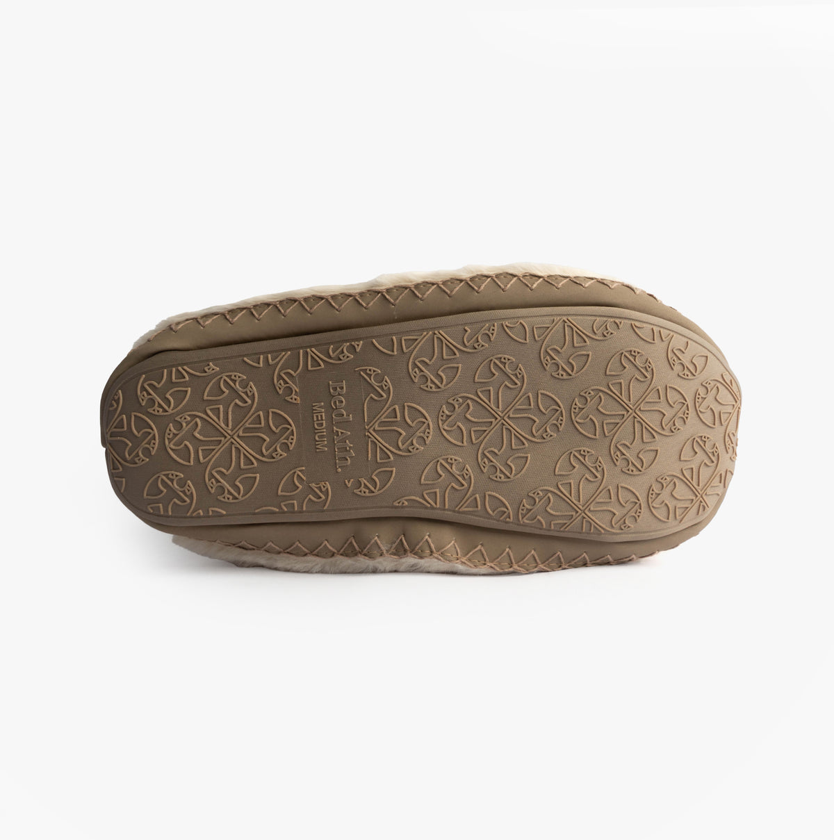 Bedroom Athletics MONROE Womens Faux Fur Boot Slippers Cream/Moonrock sole view with textured pattern.