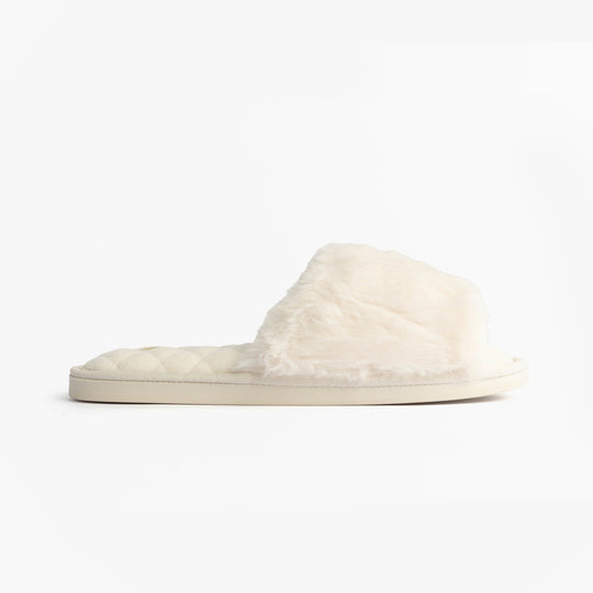 Bedroom Athletics ERIN Womens Slipper Sliders Cream side view with faux fur upper and rubber sole.