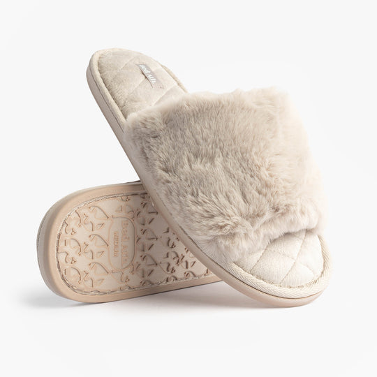 Bedroom Athletics ERIN Womens Slipper Sliders Light Grey side view showcasing faux fur upper and rubber sole.