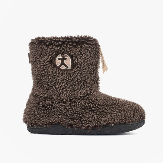 Bedroom Athletics GOSLING Mens Boot Slippers Washed Dark Chocolate side view showing faux fur upper and rubber sole.