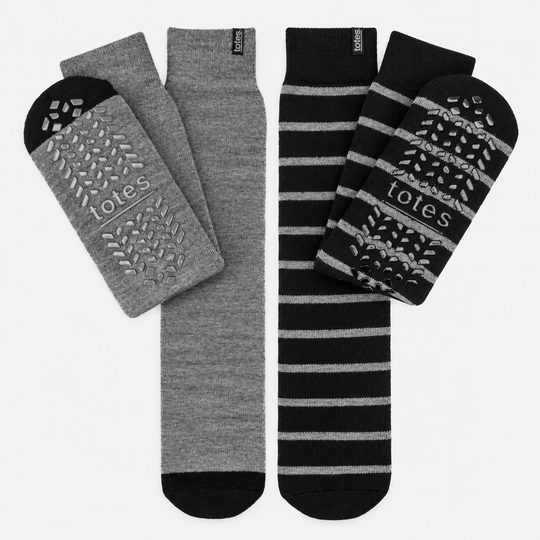 Totes Toasties THERMAL BRUSHED ORIGINAL SLIPPER SOCKS (TWIN PACK) Mens Thermal Socks Grey / Black Stripe