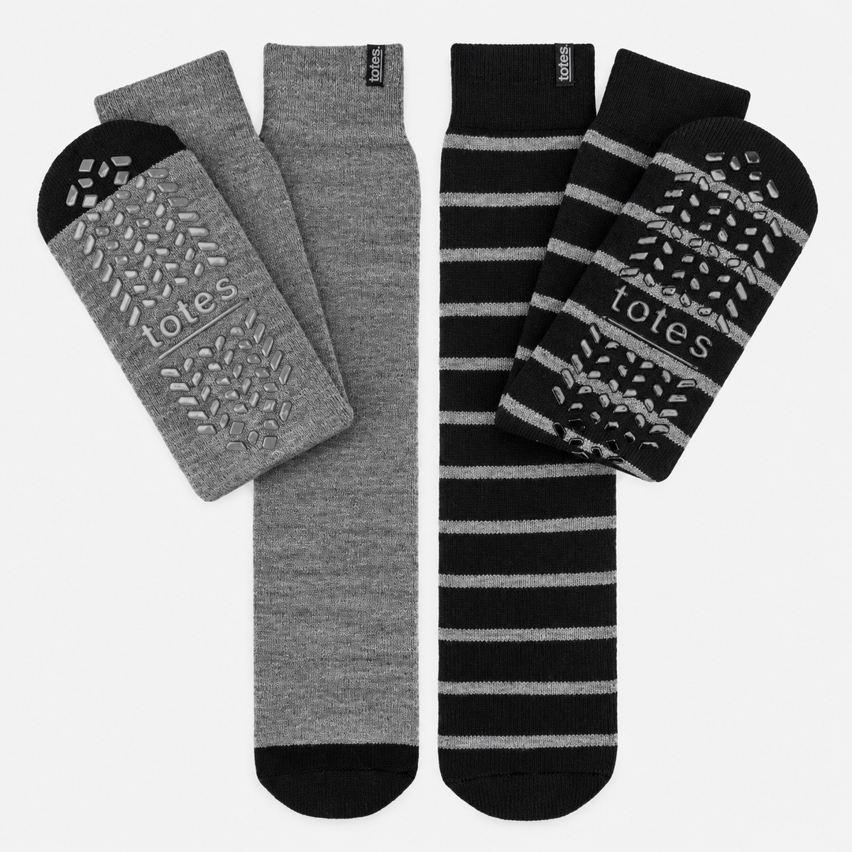 Totes Toasties THERMAL BRUSHED ORIGINAL SLIPPER SOCKS (TWIN PACK) Mens Thermal Socks Grey / Black Stripe