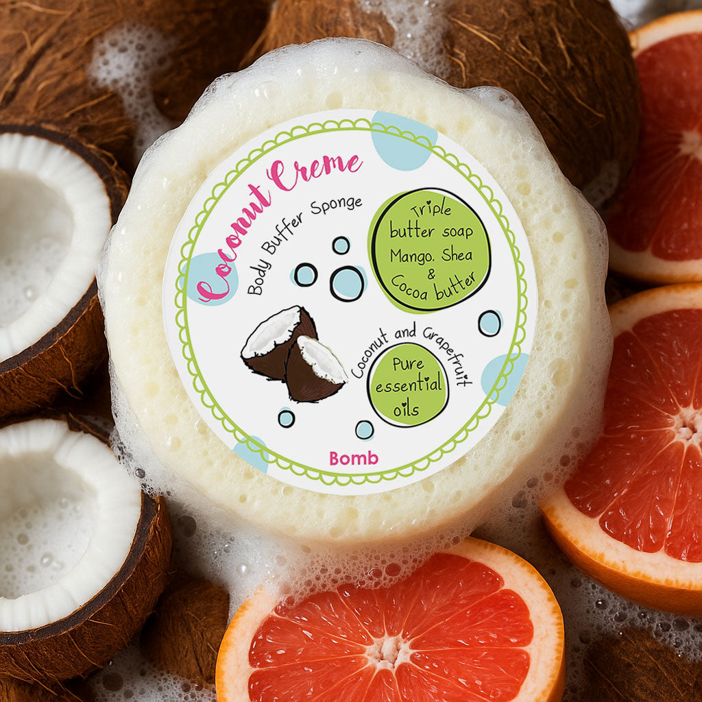 Bomb Cosmetics Coconut Creme Body Buffer Soap Shower Sponge