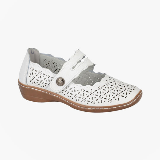 Boulevard L641G Ladies Shoes White side view showing leather upper, round toe, and touch fastening detail.
