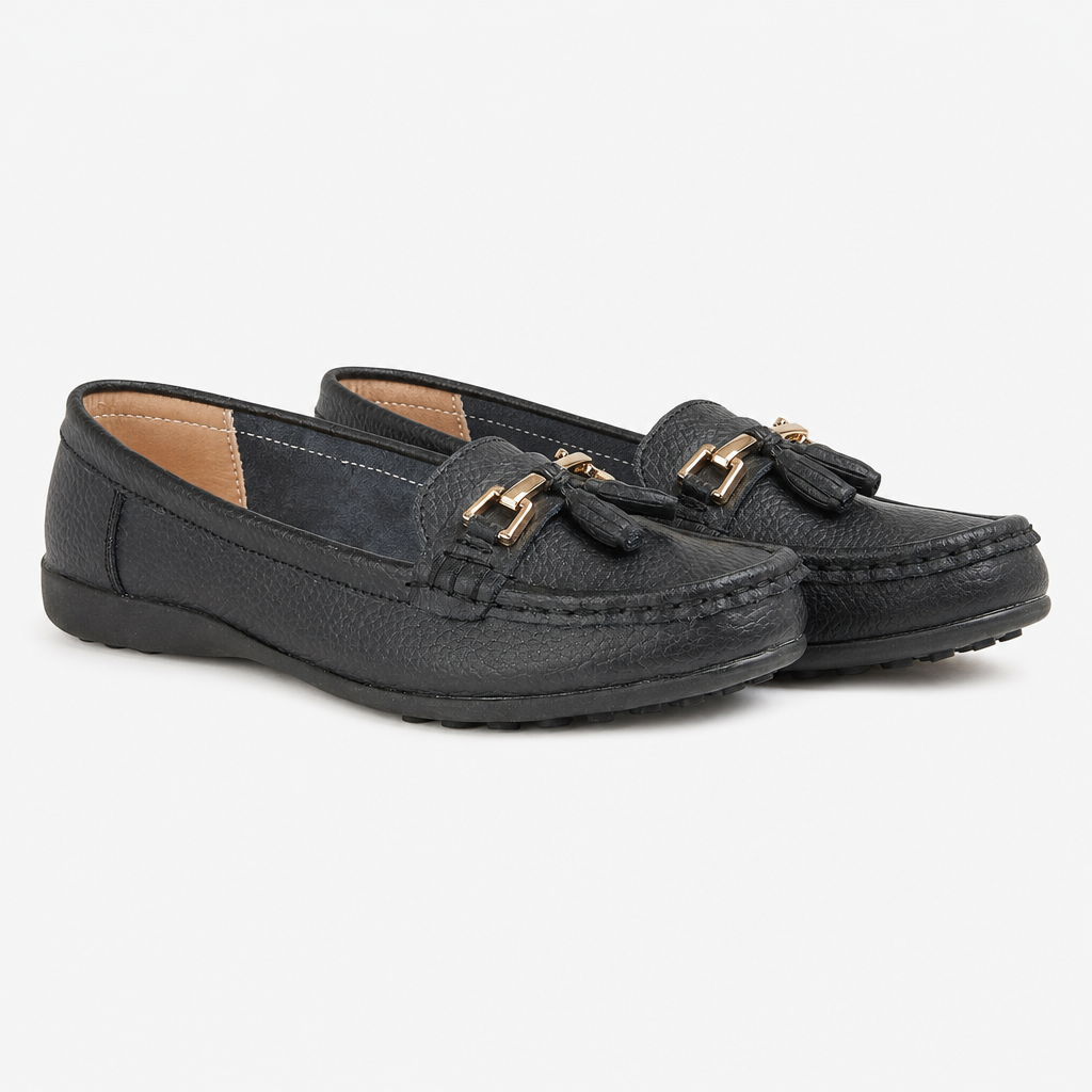 CAMILLA Womens Leather Tassle Loafers Black