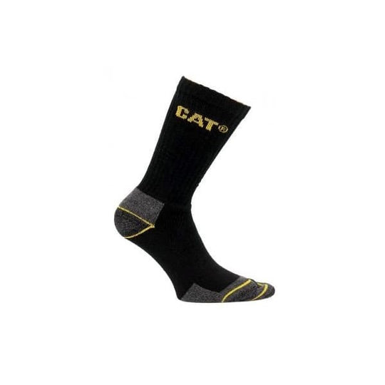 CAT CREW 3 PACK Mens Boot Socks Black side view showing logo, reinforced toe and heel with cushion padding.