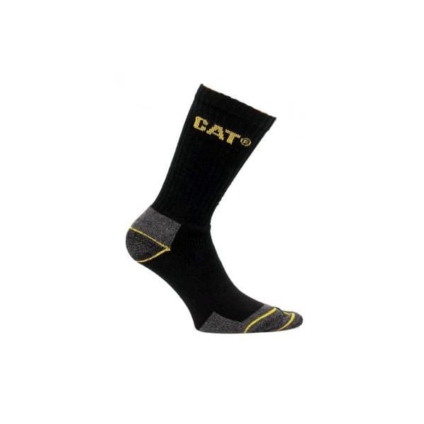CAT CREW 3 PACK Mens Boot Socks Black side view showing logo, reinforced toe and heel with cushion padding.