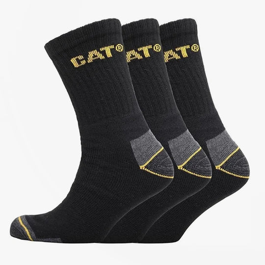 CAT CREW 3 PACK Mens Boot Socks Black side view showing three pairs of socks with yellow logo and grey accents.