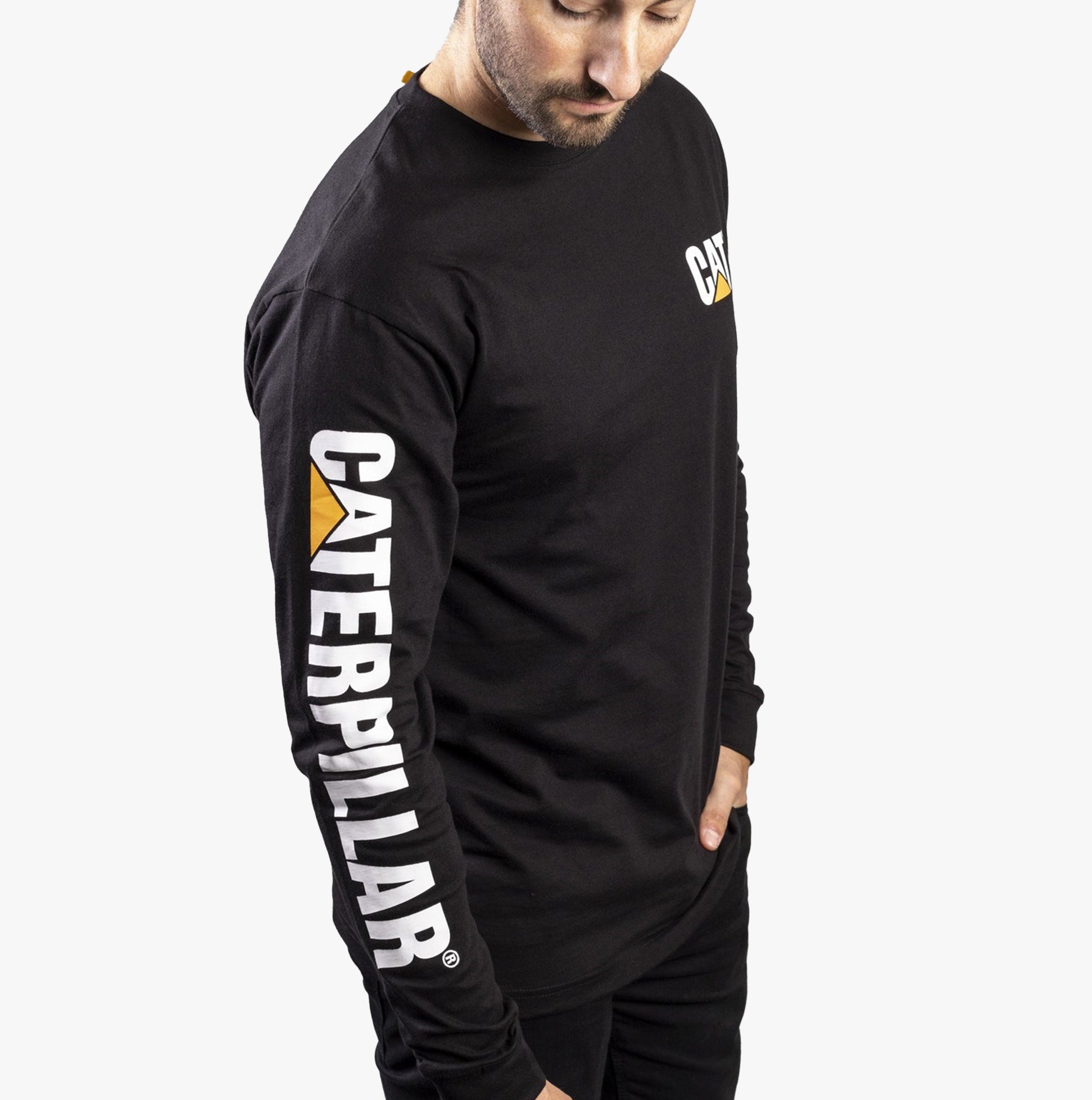 CAT TRADEMARK BANNER Mens Cotton Long Sleeve T-Shirt Black