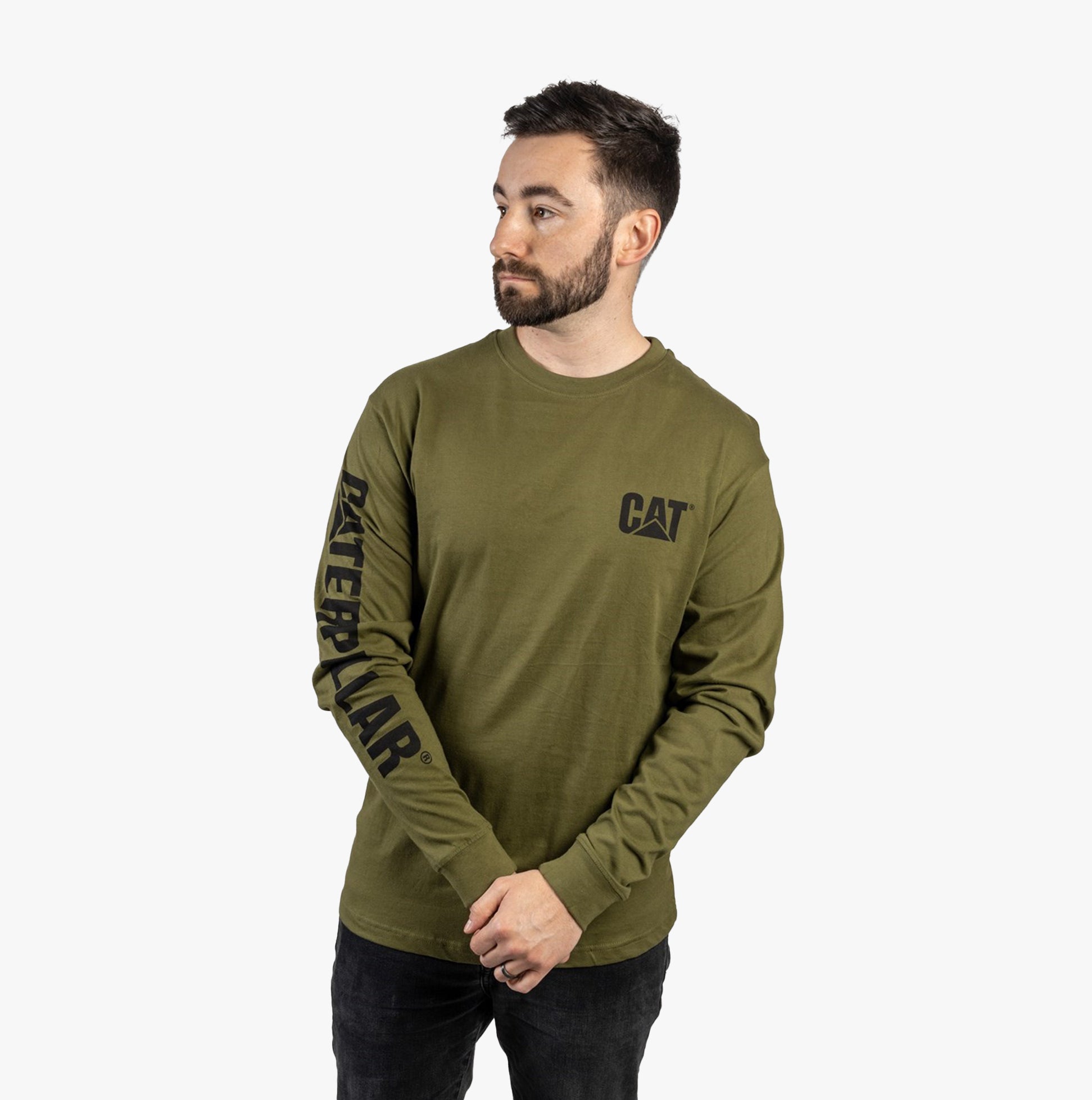 CAT TRADEMARK BANNER Mens Cotton Long Sleeve T-Shirt Green