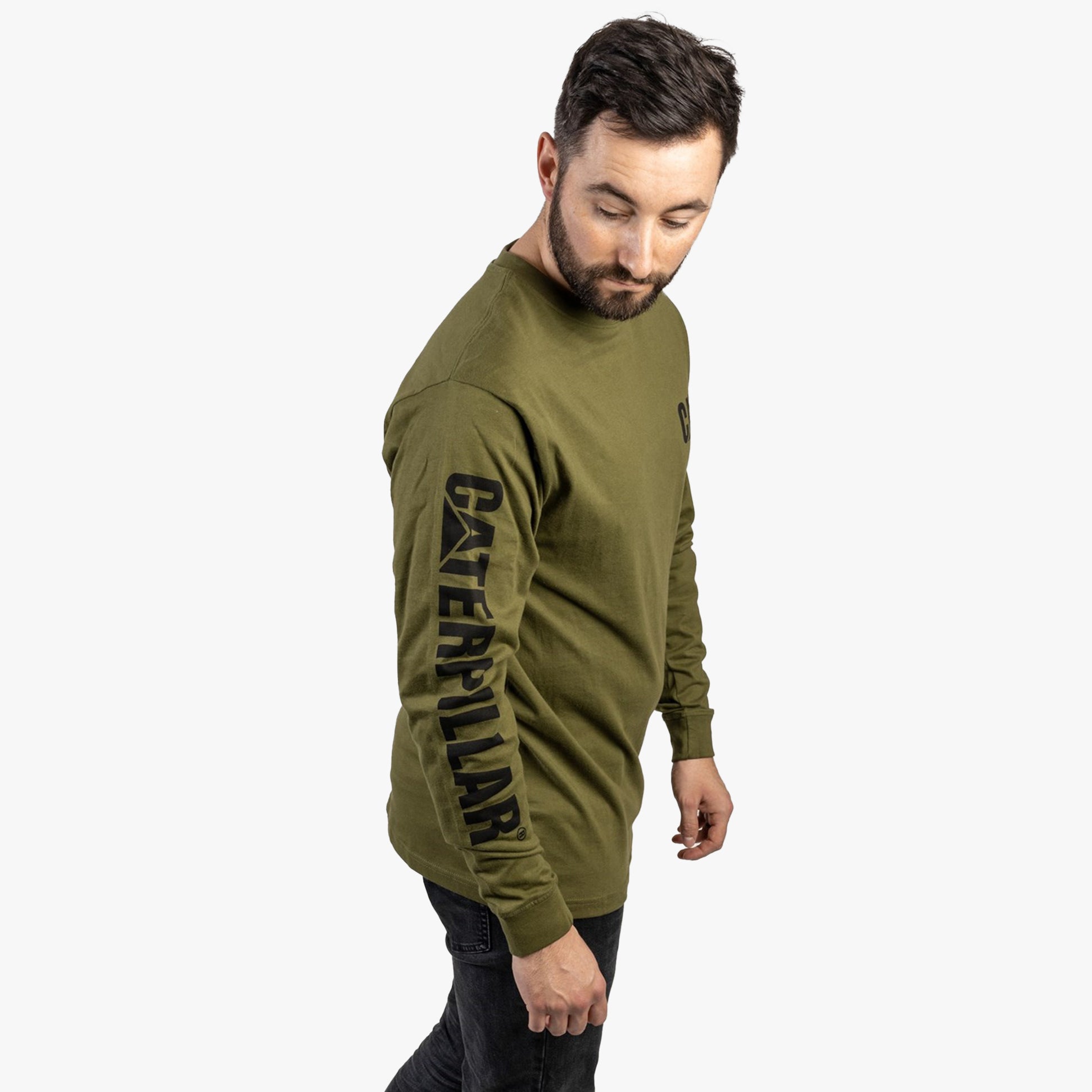 CAT TRADEMARK BANNER Mens Cotton Long Sleeve T-Shirt Green
