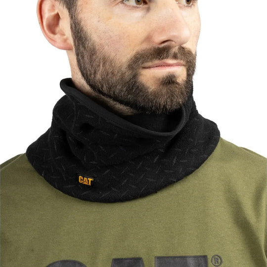 CAT NECK WARMER Unisex Adults Black front view, features CAT logo, stylish and comfortable neck warmer for all-day wear.