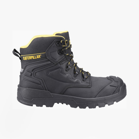 CAT STRIVER XL 6 Mens Hiker Safety Boots Black/Yellow side view highlighting leather upper and lace-up closure.