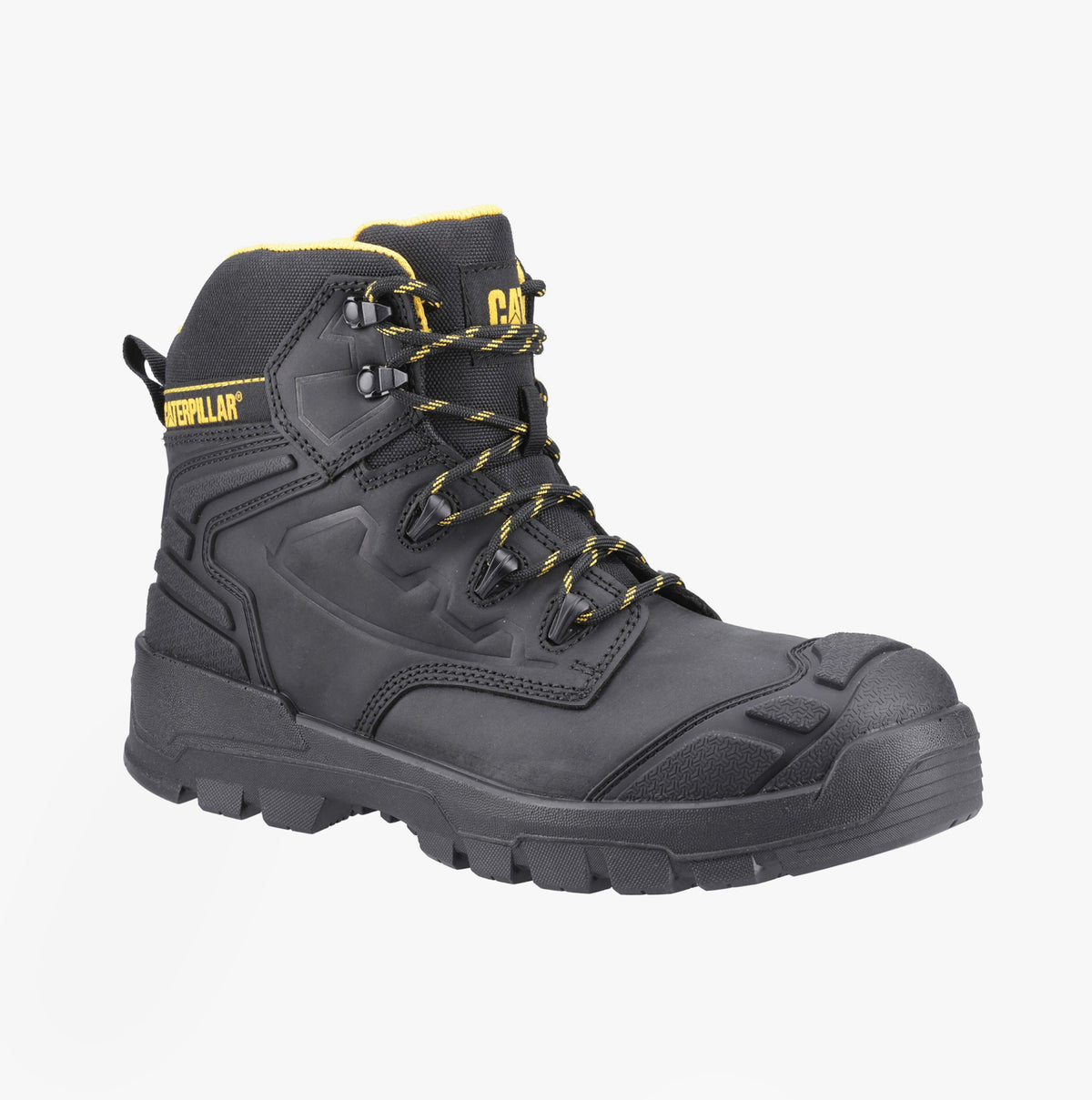 CAT STRIVER XL 6 Mens Hiker Safety Boots Black/Yellow side view showing lace-up design and rubber sole.
