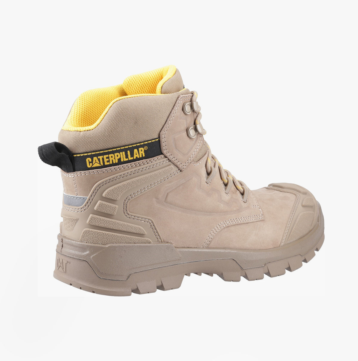 CAT STRIVER XL 6 Mens Hiker Safety Boots Grey/Yellow side view showcasing leather upper and rubber sole.