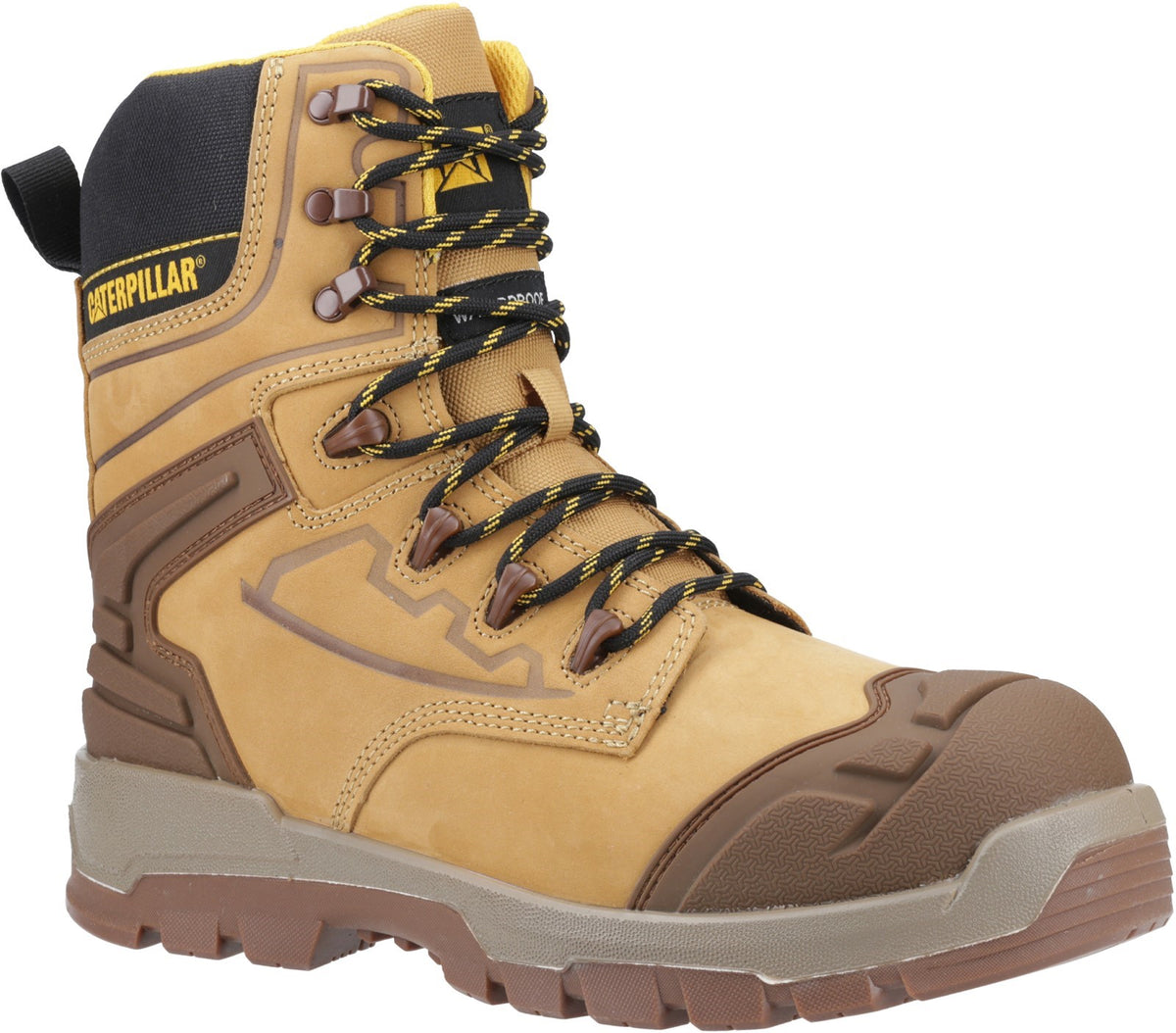 CAT STRIVER XL 8 Mens Hiker Safety Boots Honey side view showcasing leather upper and rubber sole.