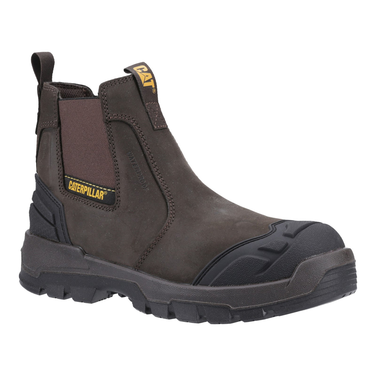 CAT STRIVER XL Mens Safety Dealers Boots Brown/Yellow side view showcasing the leather upper and rubber sole.