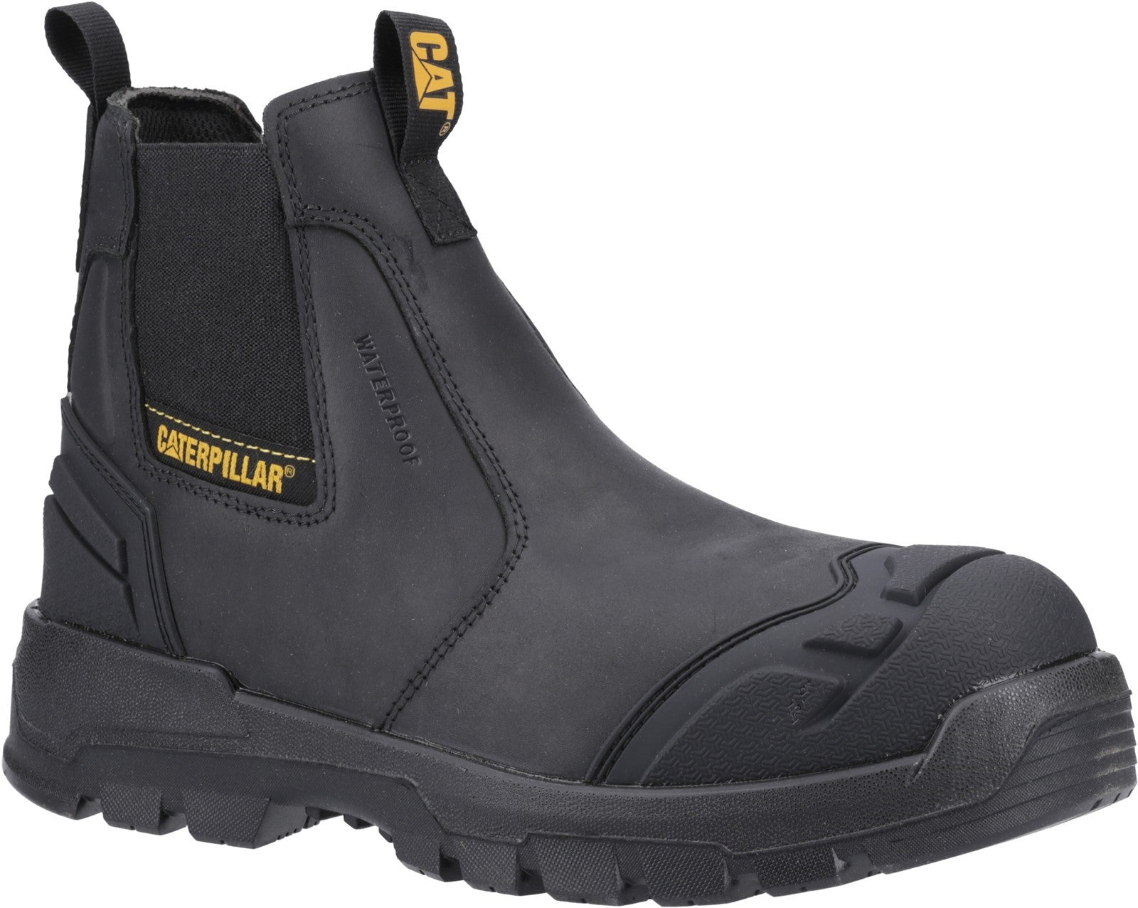 CAT STRIVER XL Mens Safety Dealers Boots Black/Yellow side view showing durable leather upper and slip resistant sole.