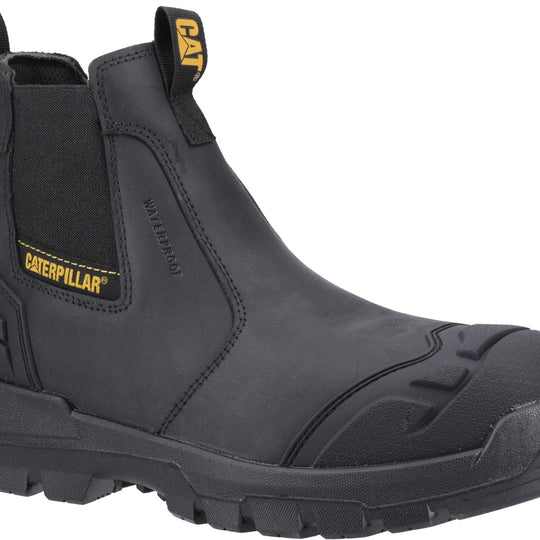 CAT STRIVER XL Mens Safety Dealers Boots Black/Yellow side view showing durable leather upper and slip resistant sole.
