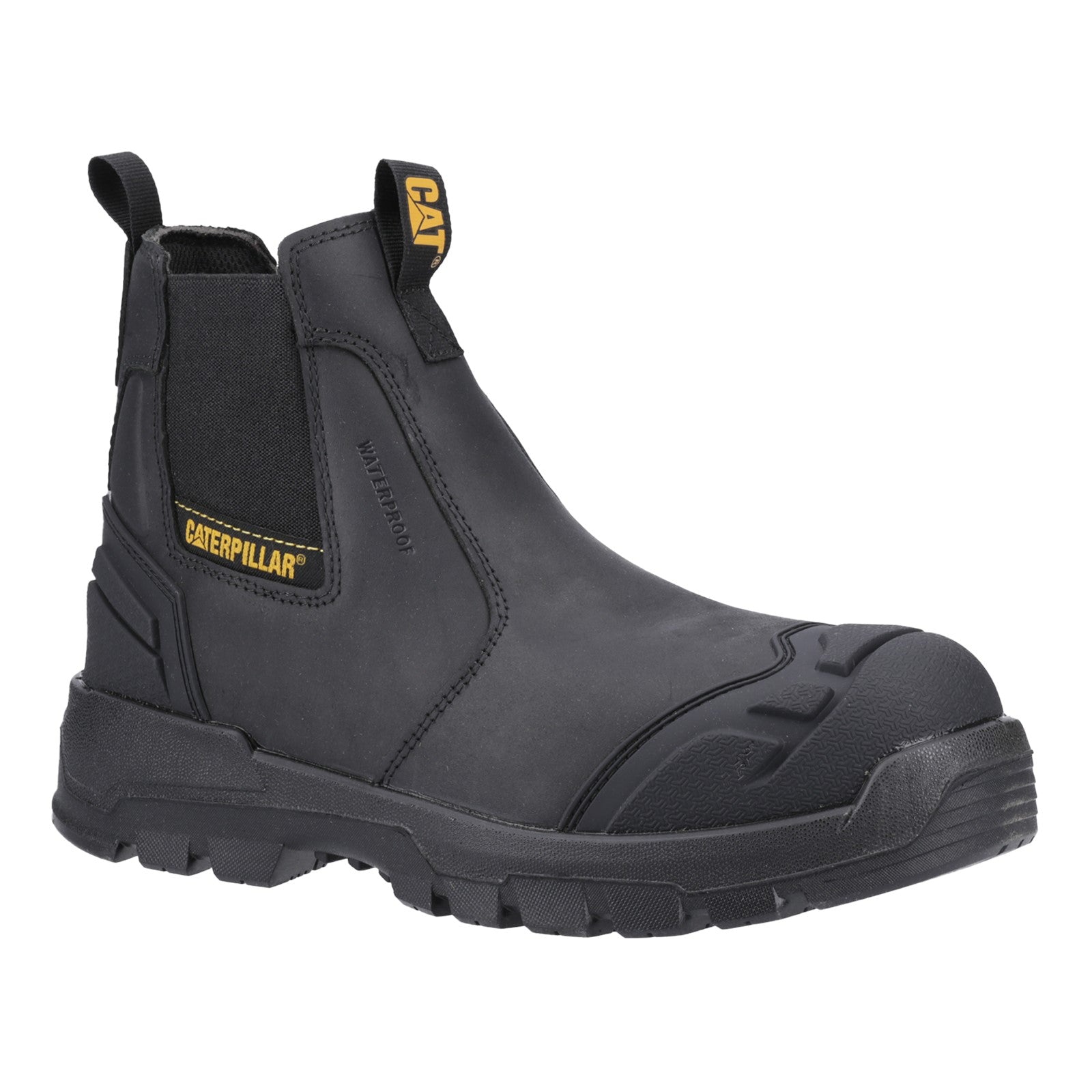 CAT STRIVER XL Mens Safety Dealers Boots Black/Yellow side view showcasing leather upper and rubber sole.