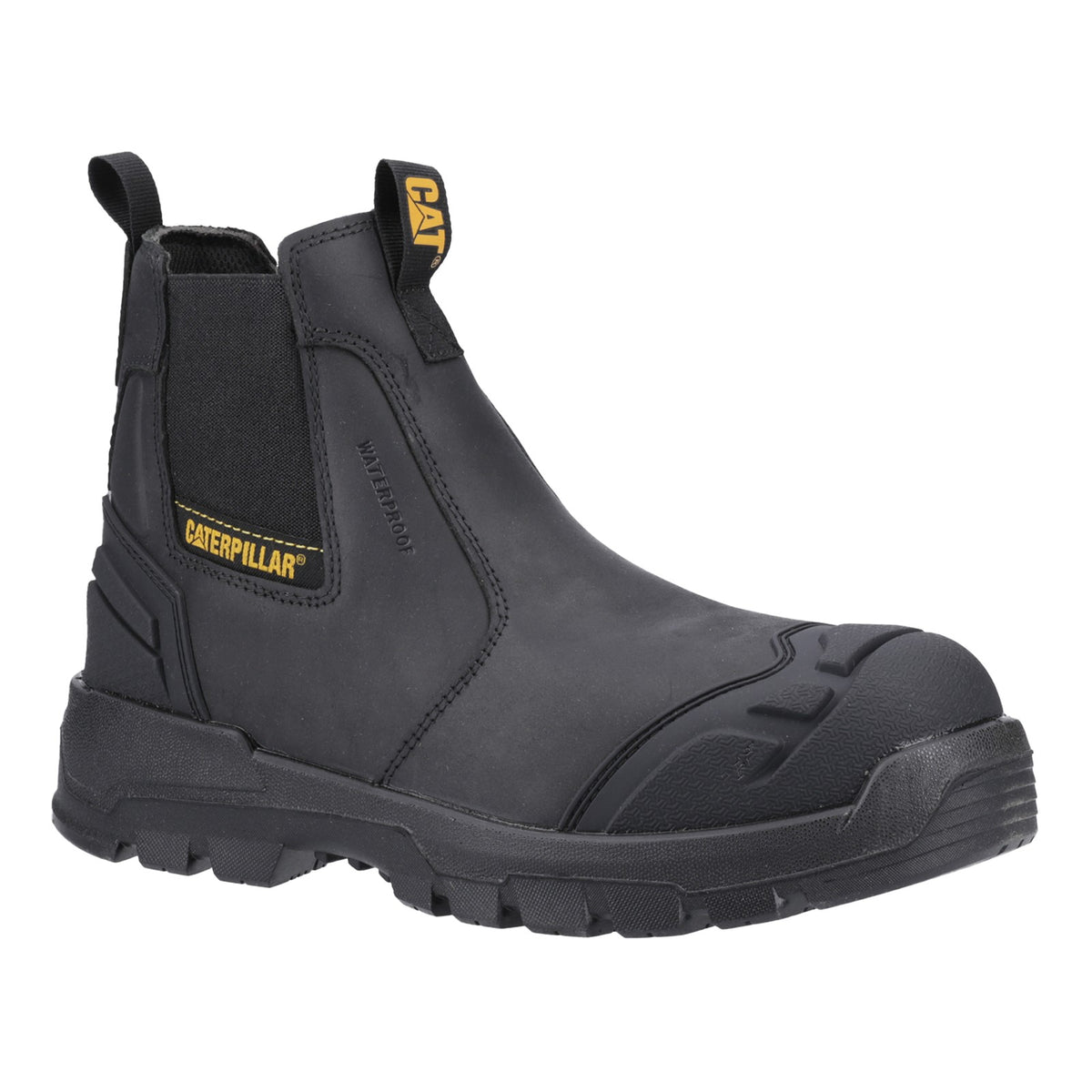 CAT STRIVER XL Mens Safety Dealers Boots Black/Yellow side view showcasing leather upper and rubber sole.