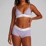 Calvin Klein COTTON MODAL RIB Hipster Panty Womens Shorts Lilac Quartz side view on model with matching bralette.
