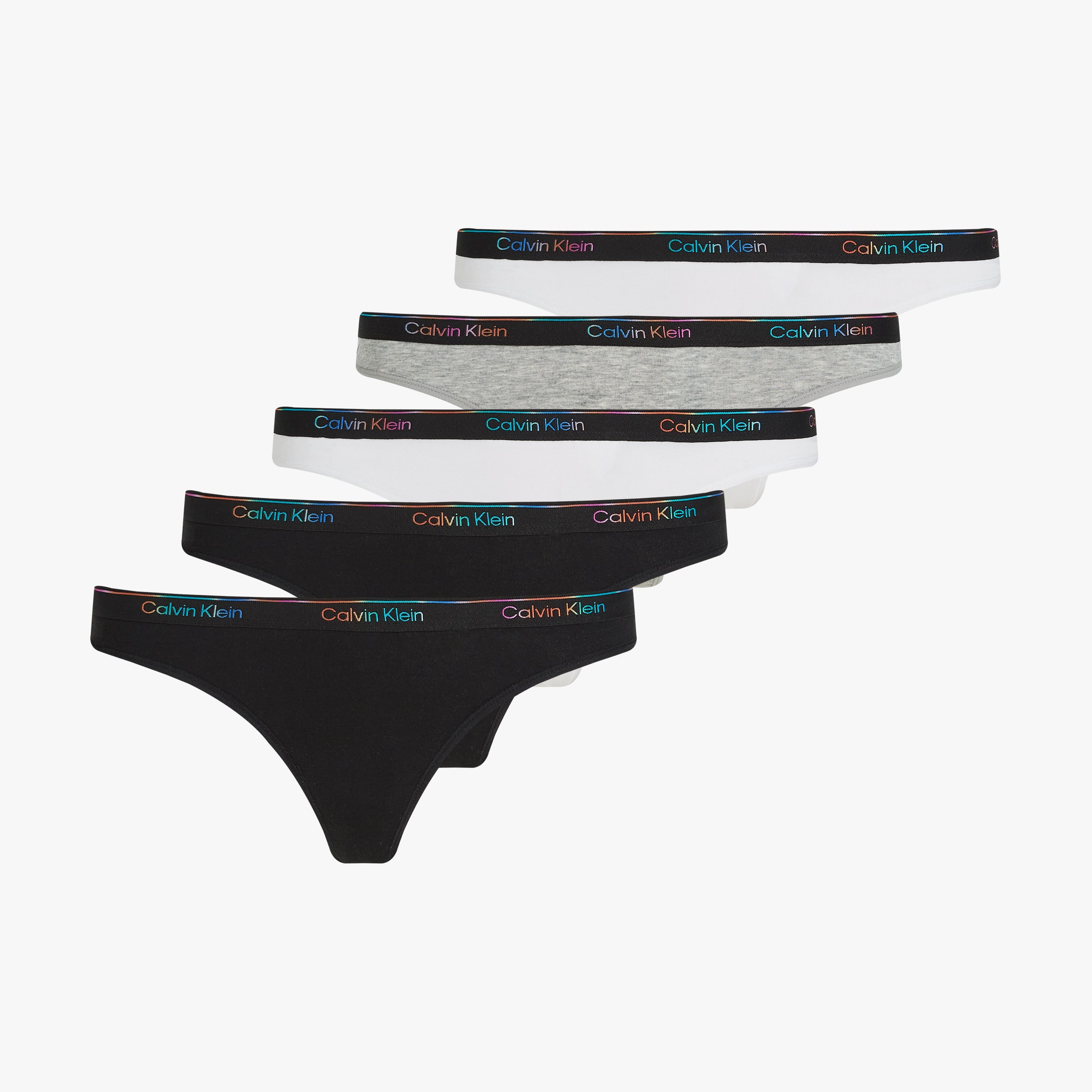 Calvin Klein ICON LOGO 5 Pack Womens Thongs Multicoloured, front view, showcasing black, grey, and white thongs with logo waistband.