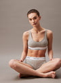 Calvin Klein MODERN COTTON High Waisted Boxers Womens Grey Heather front view, model sitting, wearing grey undergarments.