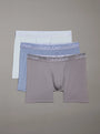 Calvin Klein MODERN STRUCTURE COTTON Mens 3 Pack Boxer Briefs Multicoloured front view showing grey, blue, and white boxer briefs.