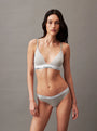 Calvin Klein MODERN LOGO Womens Bikini Briefs Grey Heather side view model wearing duo set with signature elastic waistband